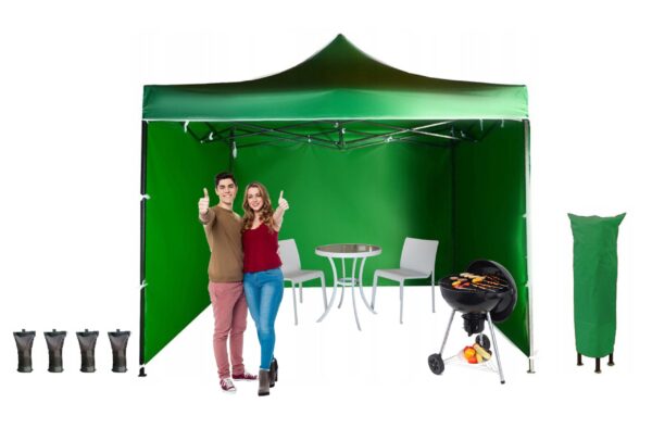 Namiot handlowy 3x3 mobilny przenośny gruby 420D zielony gratis 3 ścianki
